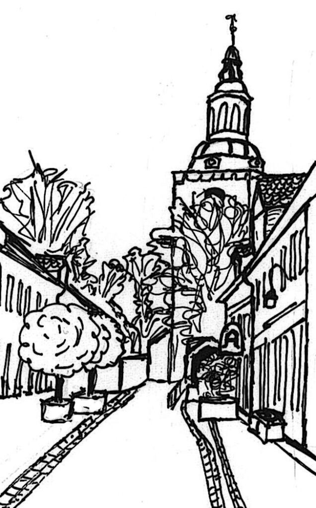 Klosterberg-Apotheke Bad Berka, gezeichnetes Logo Aussenansicht Stadtzentrum mit Kirche